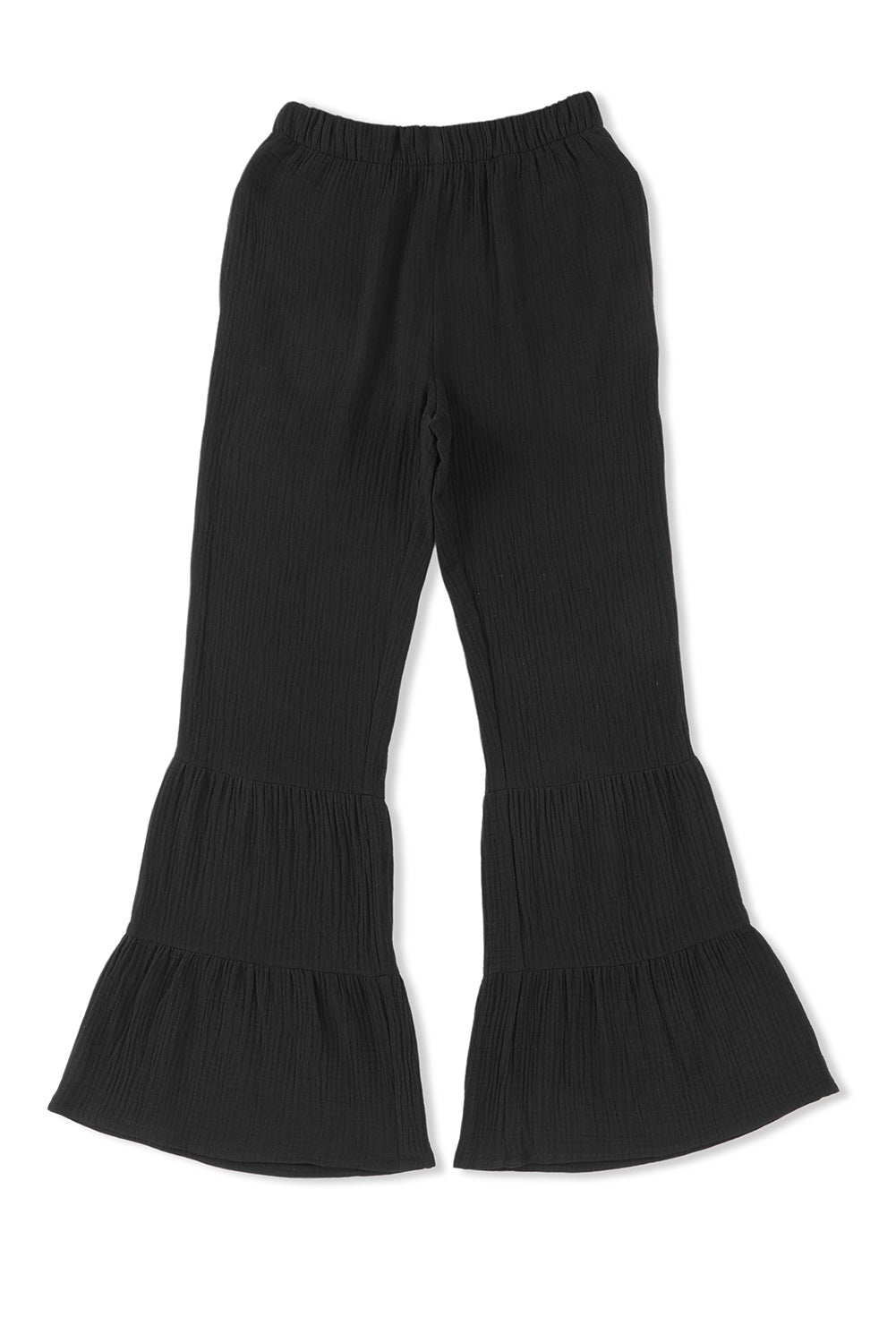 Textured High Waist Ruffled Bell Bottom Pants | Black