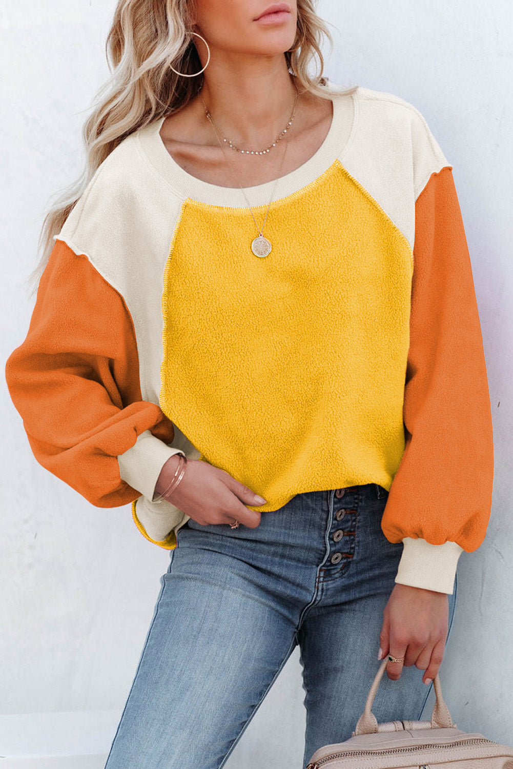 Orange Colorblock Long Sleeve Pullover Fleece Sweatshirt