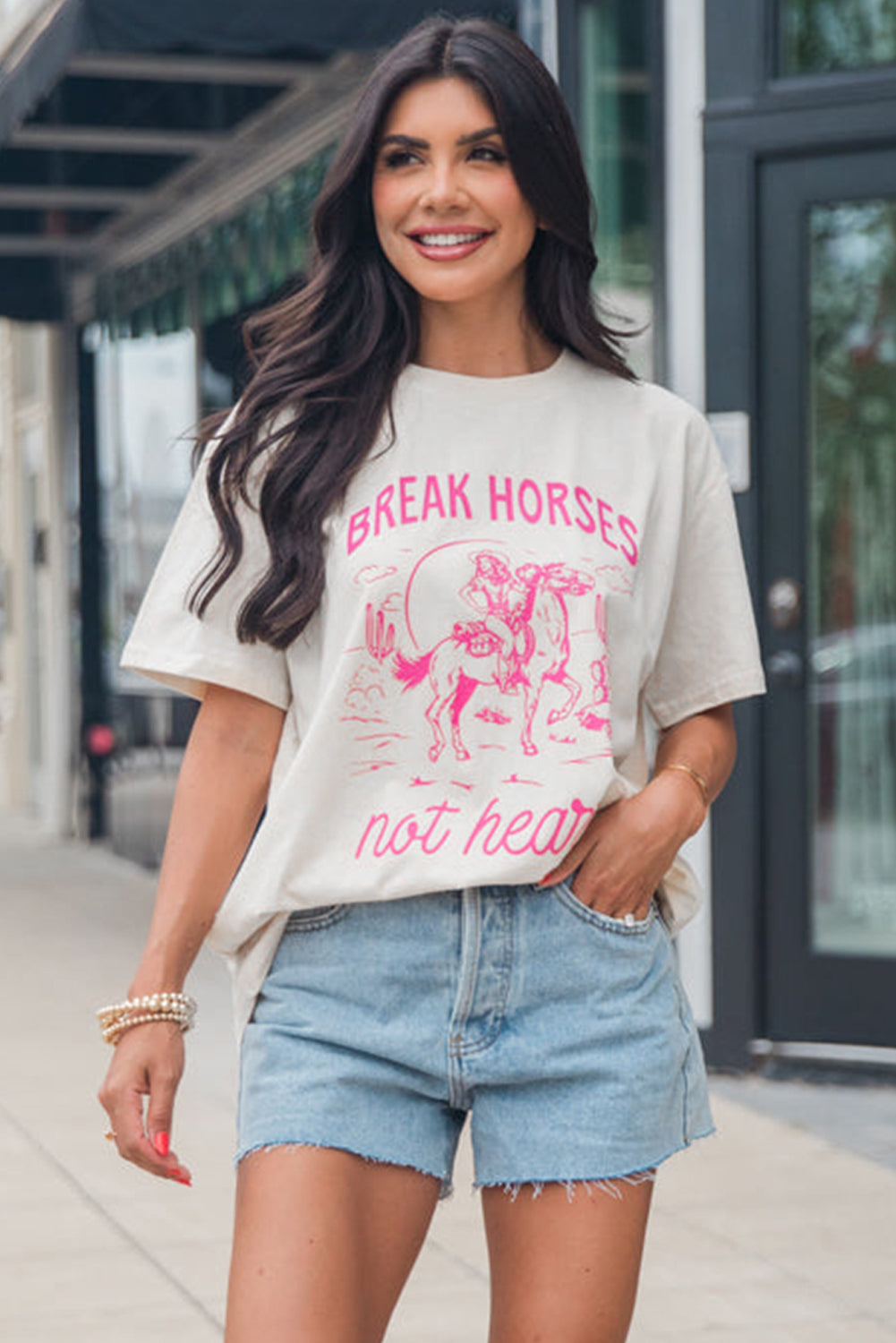 Western Break Horses Cowboy Graphic Crewneck T Shirt | White