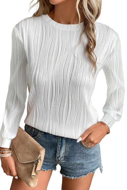 Textured Wavy Round Neck Long Sleeve Top | White