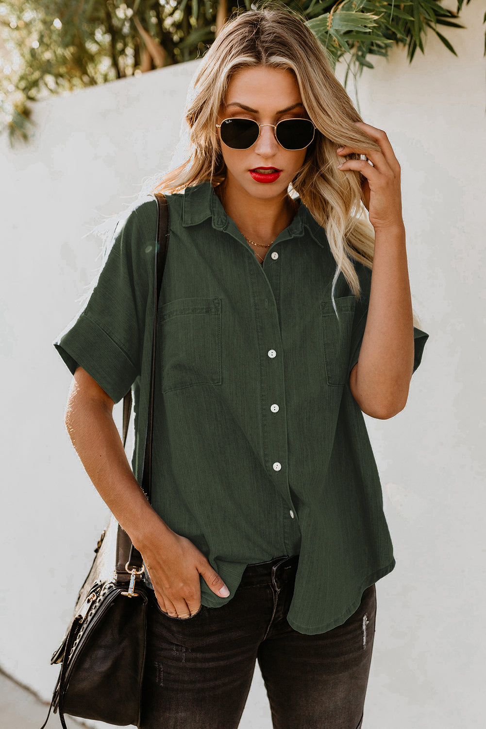 Turn-Down Collar Short Sleeve Denim Shirt | Green