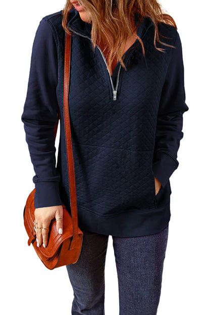 Navy Stand Neck Waffle Zip Up Sweatshirt | Blue