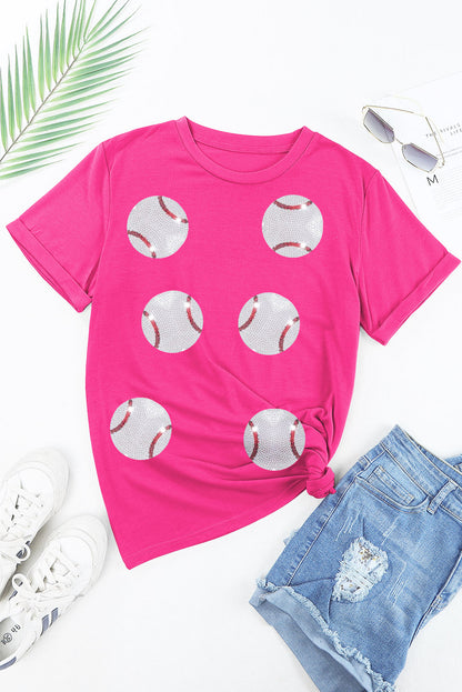 Sequined Baseball Graphic Cotton T Shirt | Rose Red