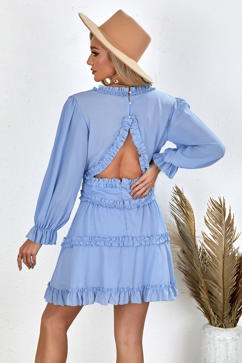 V Neck Ruffle Detailing Open Back Dress | Sky Blue