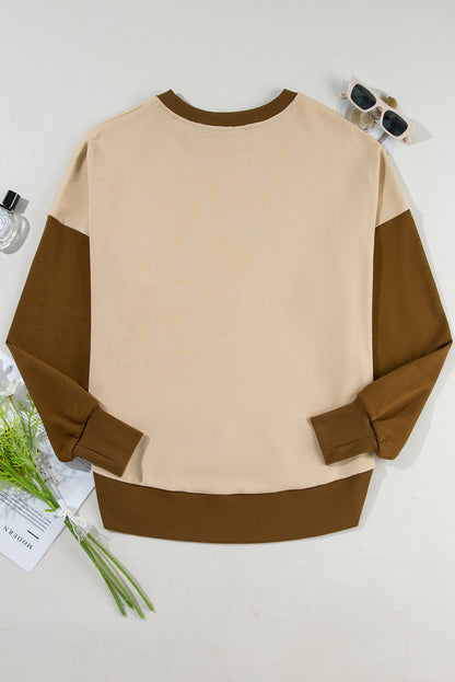 Colour Block Thumbhole Sleeve Drop Shoulder Sweatshirt | Apricot