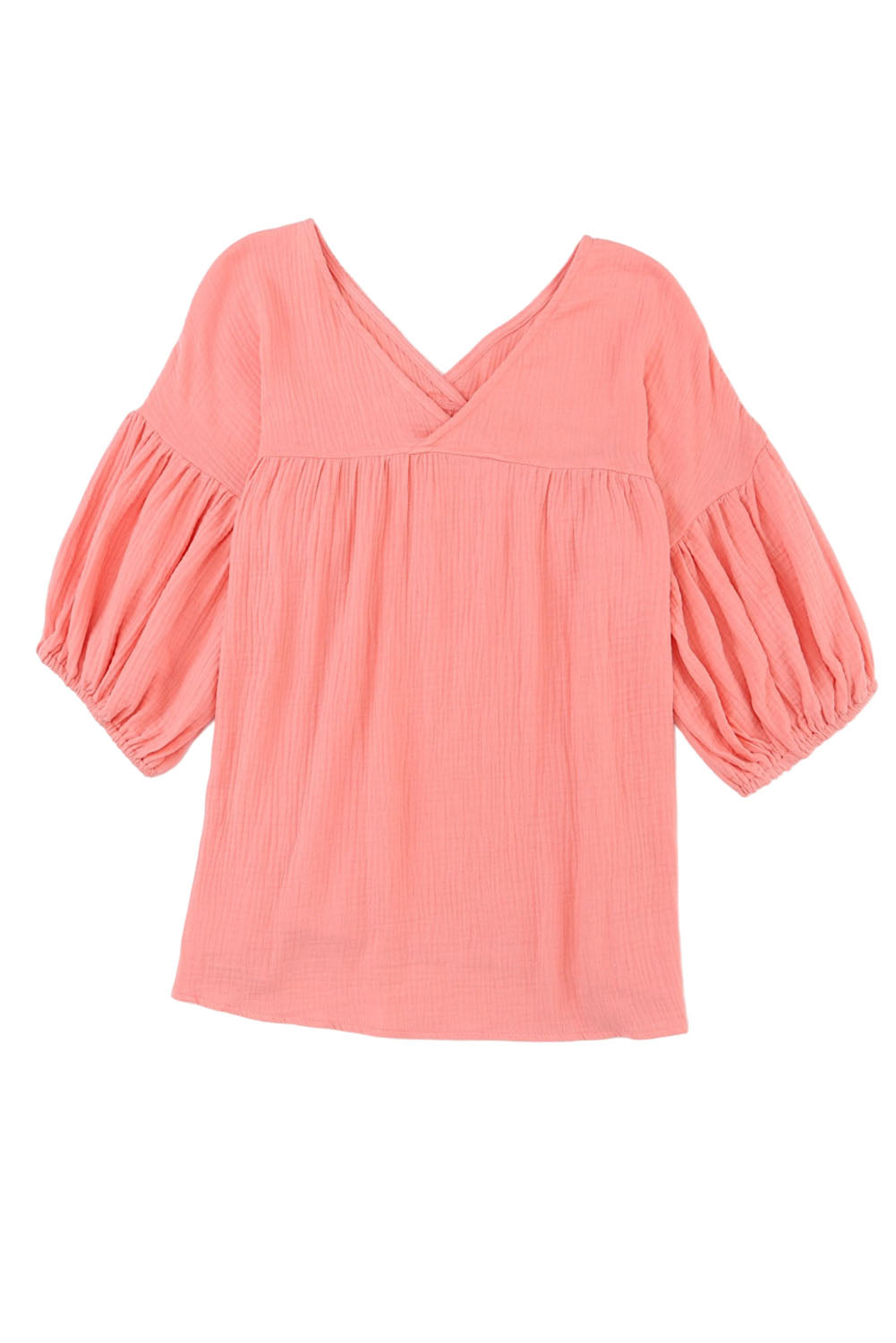 Textured V Neck Bracelet Sleeve Babydoll Blouse | Pink