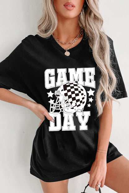 Game Day Checkerboard Rugby Football Helmet T Shirt | Black