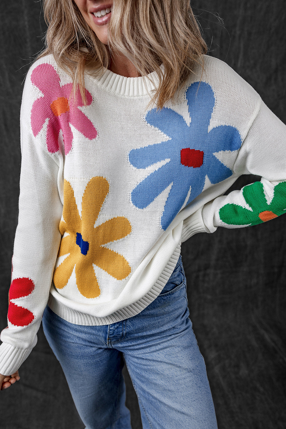 Colourful Big Flower Pattern Crewneck Sweater | White