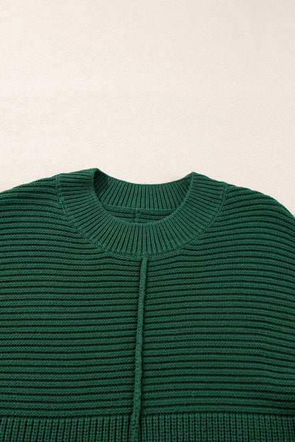 Textured Knit Crewneck Lantern Sleeve Sweater | Blackish Green