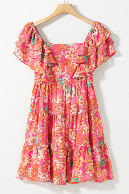 Floral Square Neck Ruffle Sleeve Tiered Dress | Pink