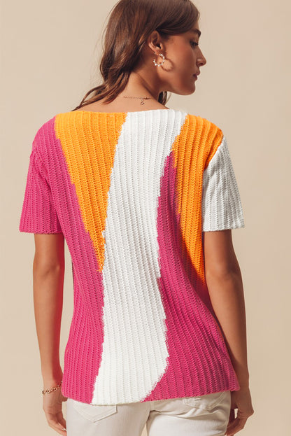 Textured Knit Colourblock Short Sleeve Sweater | Orange