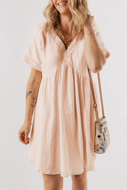 Folded Short Sleeve Lace V Neck Mini Dress | Beige