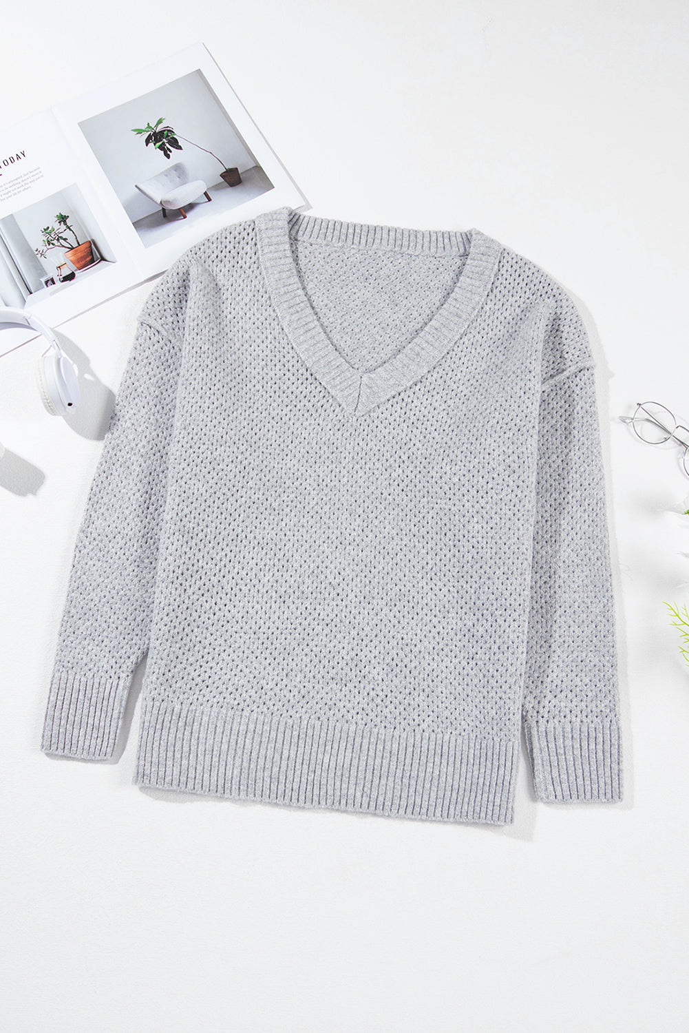 Loose Eyelet V Neck Drop Shoulder Sweater | Light Grey