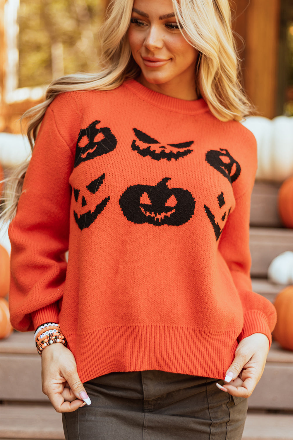 Orange Halloween Pumpkin Face Pattern Drop Shoulder Sweater