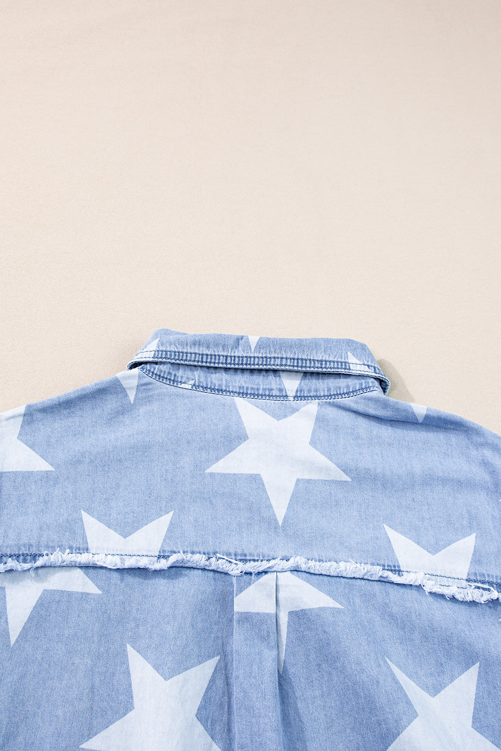 Stars Frayed Hem Collared Short Sleeve Denim Dress | Sky Blue