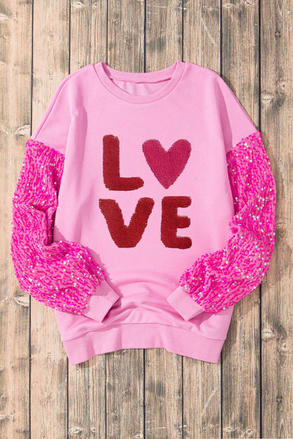 Valentines Love Chenille Embroidered Sequin Sleeve Sweatshirt | Pink