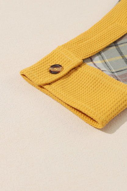 Waffle Knit Plaid Patchwork Pocketed Henley Hoodie | Yellow