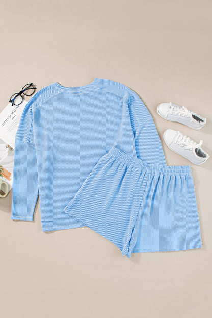 Plus Size Ribbed Long Sleeve Top And Drawstring Shorts Set | Light Blue