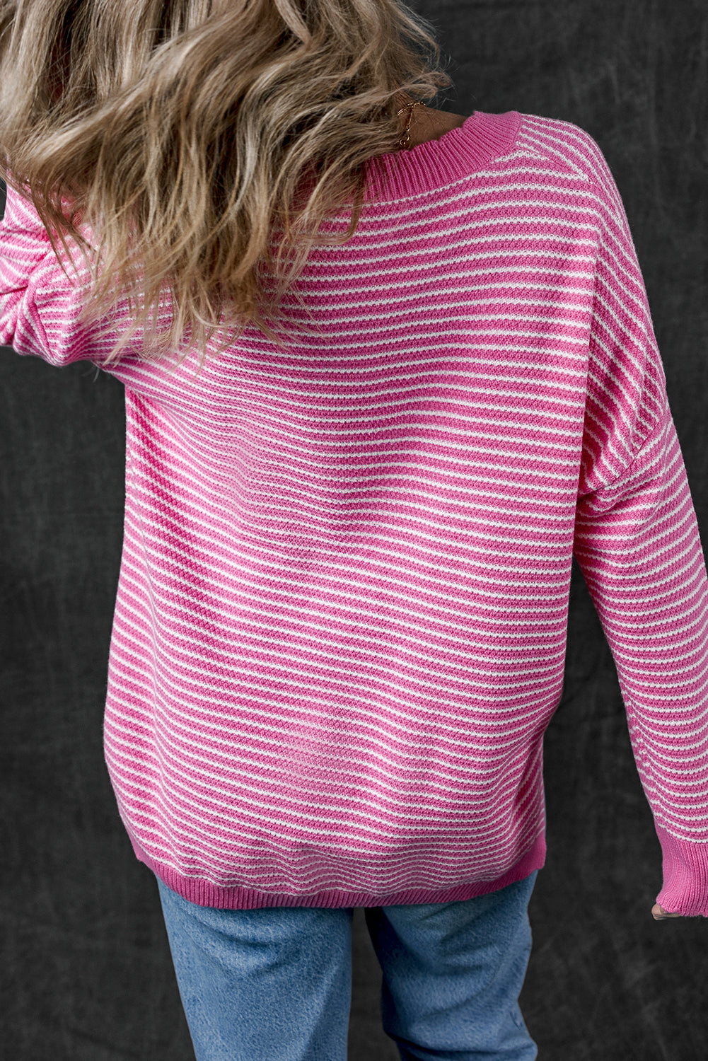 Striped Scallop V Neck Loose Sweater With Slits | Pink