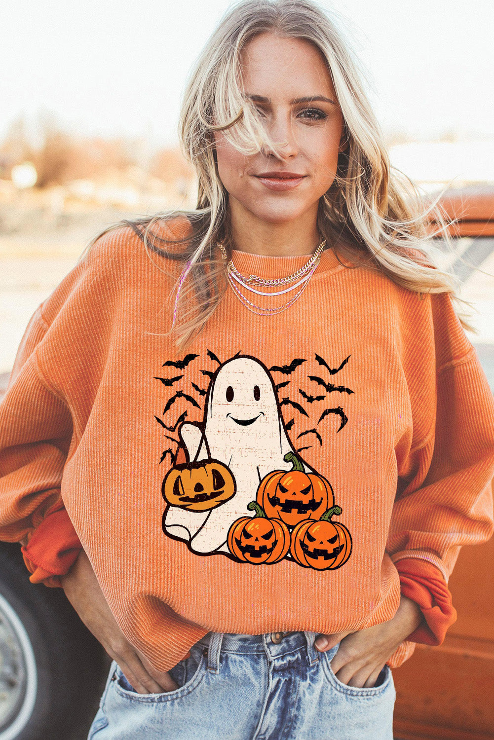 Halloween Ghost Pumpkin Bat Print Corded Pullover Sweatshirt | Orange