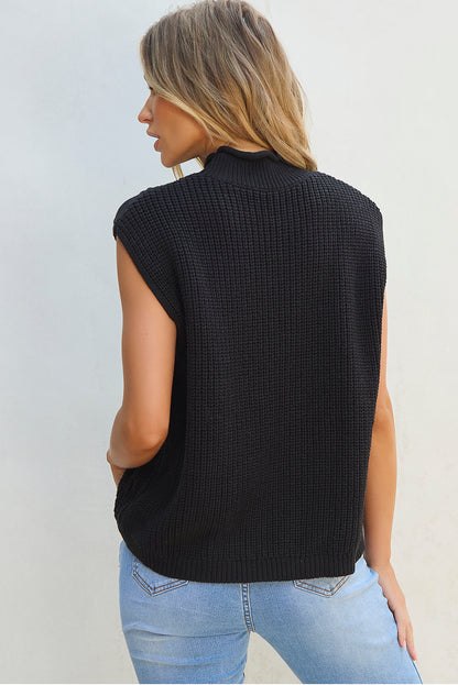 Solid Colour Cable Knit High Neck Sweater Vest | Black