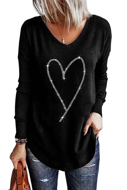 Rhinestone Heart Shaped V Neck Long Sleeve Top | Black