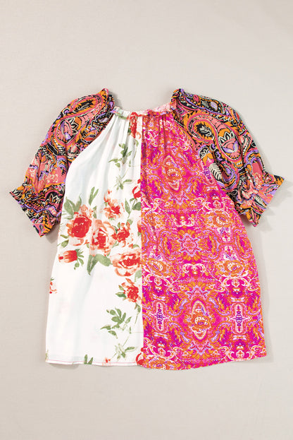 Boho Floral Patchwork Buttoned Short Sleeve Blouse | Multicolour