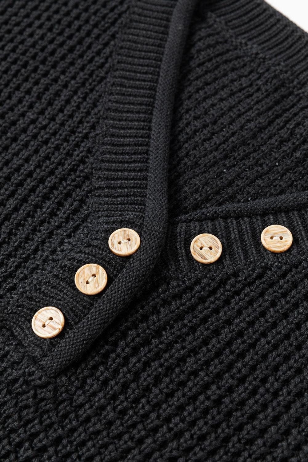 Pointelle Knit Button V Neck Drop Shoulder Sweater | Black