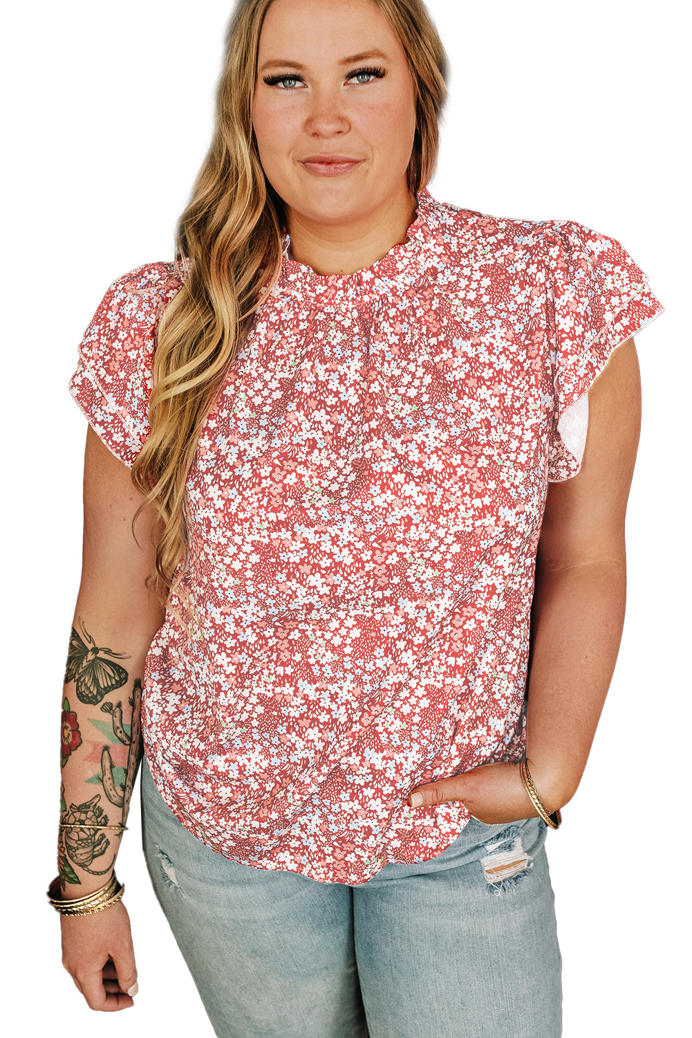 Plus Size Floral Print Ruffled Sleeve Frilled Neck Blouse | Pink