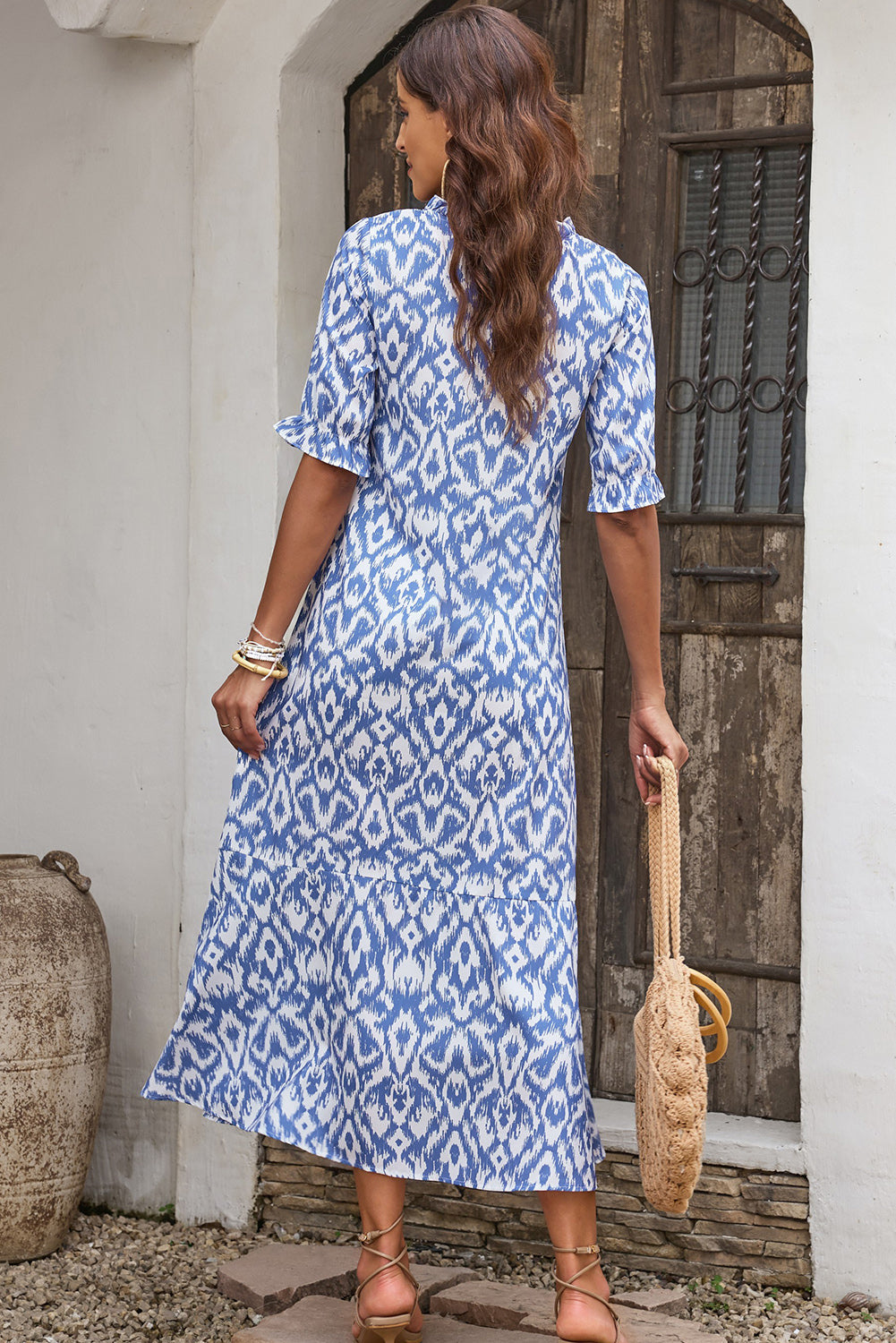 V Neck Casual Geometric Print Maxi Dress | Sky Blue