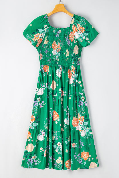 Floral Print Bubble Sleeve Smocked Tiered Midi Dress | Green