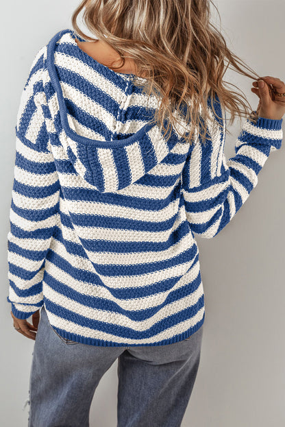 V Neck Pocketed Drawstring Hooded Sweater | Blue Stripe