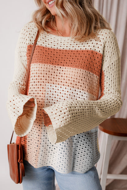 Pointelle Knit Colourblock Baggy Sweater | Apricot