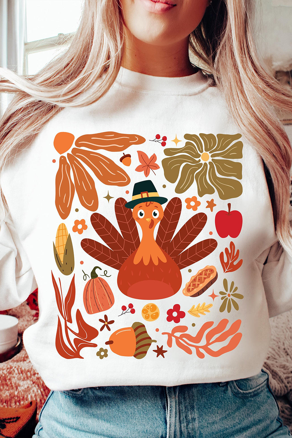 Beige Thanksgiving Fall Vibe Graphic Crew Neck Sweatshirt