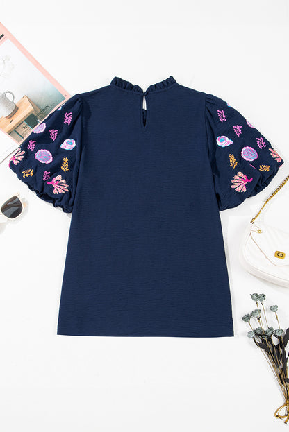 Shellfish Coral Embroidery Puff Sleeve Frilled Neck Blouse | Sail Blue