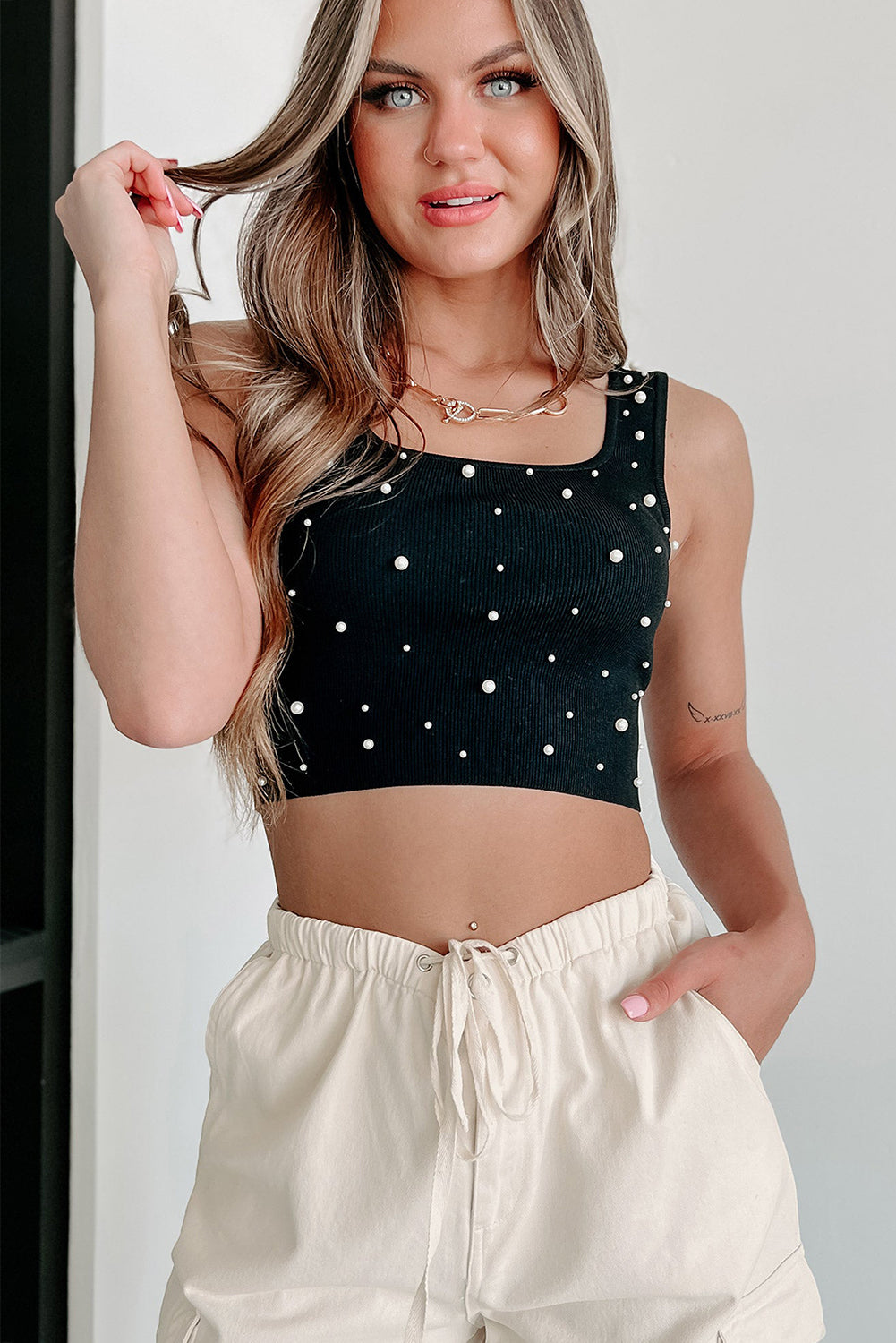 Pearl Decor Square Neck Sleeveless Crop Top | Black