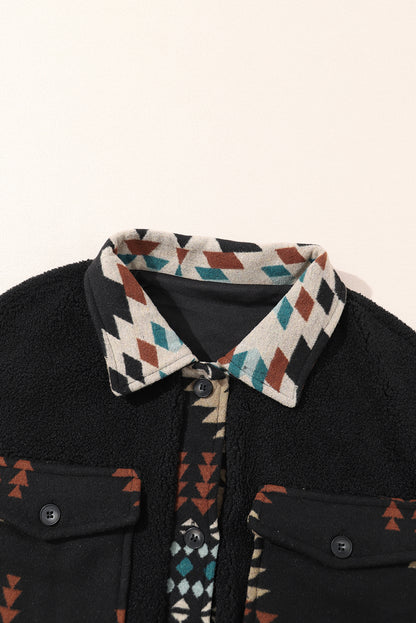 Western Aztec Print Accent Fleece Shacket | Black