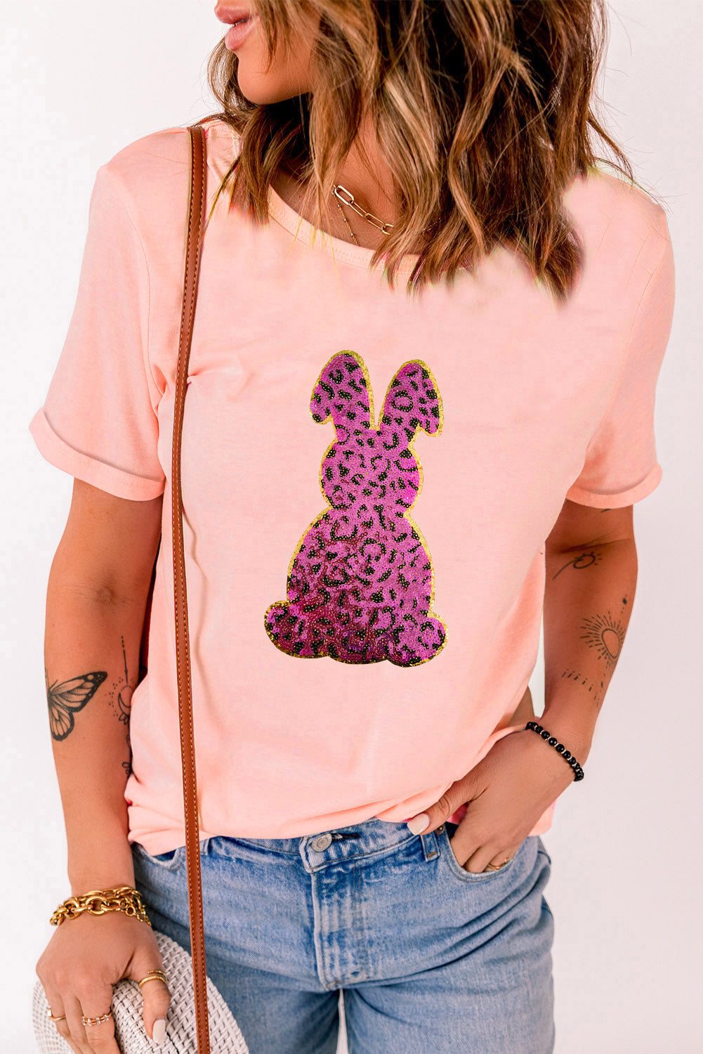 Sequined Leopard Bunny Easter Graphic Tee | Pink