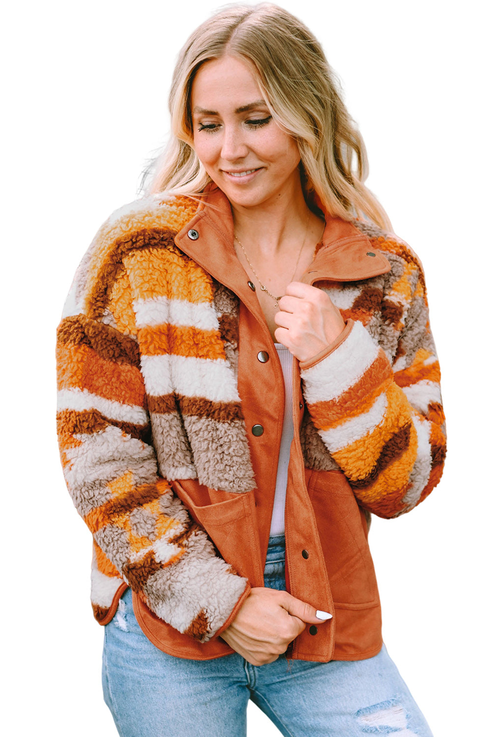 Quilted Patch Pockets Aztec Furry Jacket | Brown