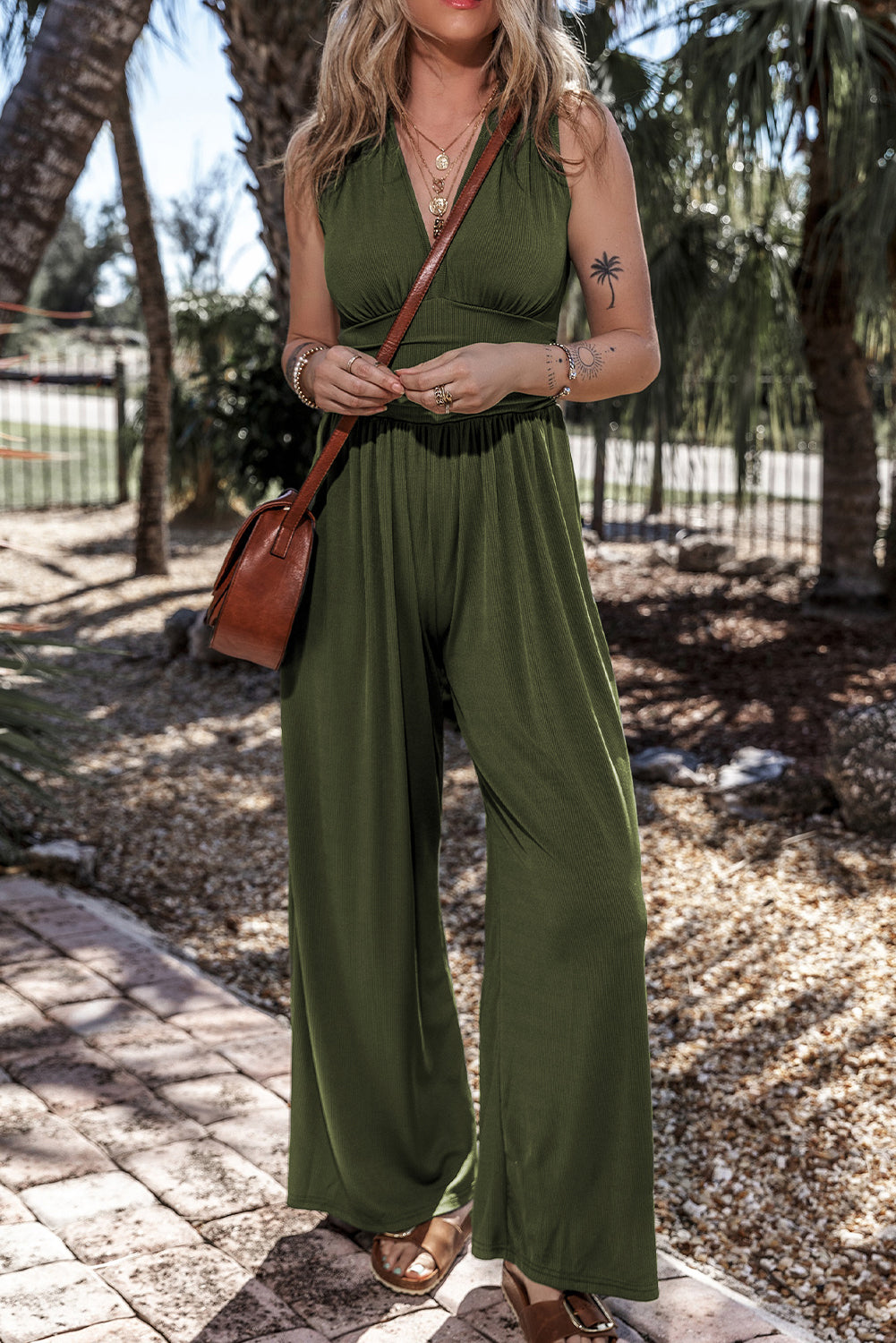 Sleeveless V Neck Ruched Wide Leg Jumpsuit | Moss Green