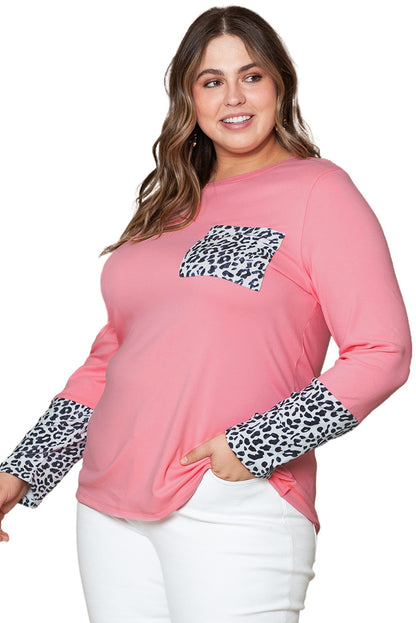 Leopard Cuffs Brushed Plus Size Top | Pink