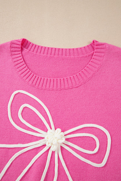 Corded Flower Bow Ribbed Trim Casual Sweater | Bright Pink