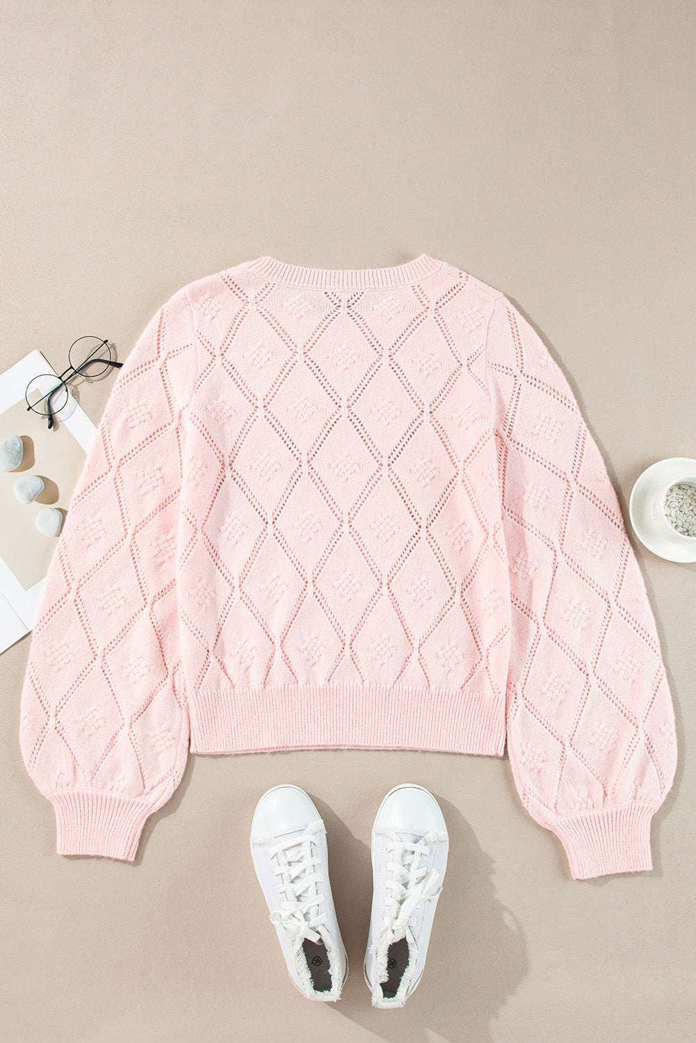 Openwork Plaid Puff Sleeve Cropped Sweater | Gossamer Pink