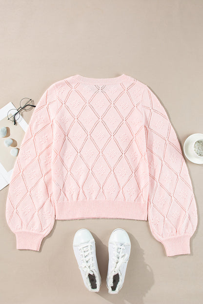 Openwork Plaid Puff Sleeve Cropped Sweater | Gossamer Pink