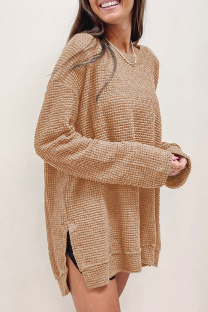 Waffle Knit High Slits Oversized Top | Khaki