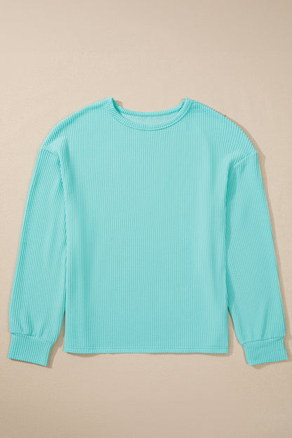 Solid Colour Corded Knit Round Neck Top | Aruba Blue