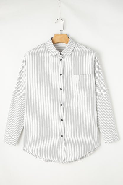 Stripe Roll-Tab Sleeve Pocketed Long Shirt | Black Stripe