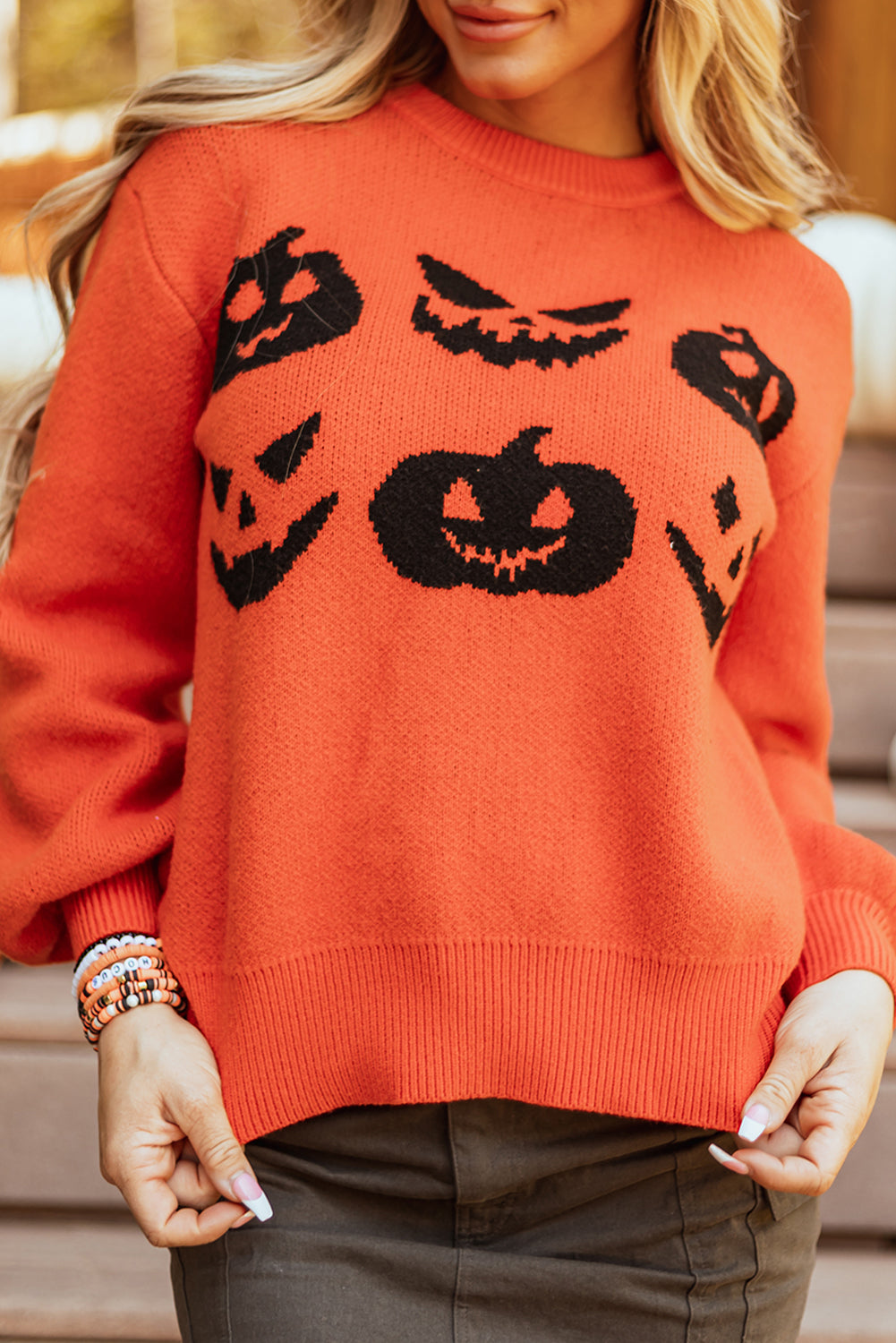 Halloween Pumpkin Face Pattern Drop Shoulder Sweater | Orange