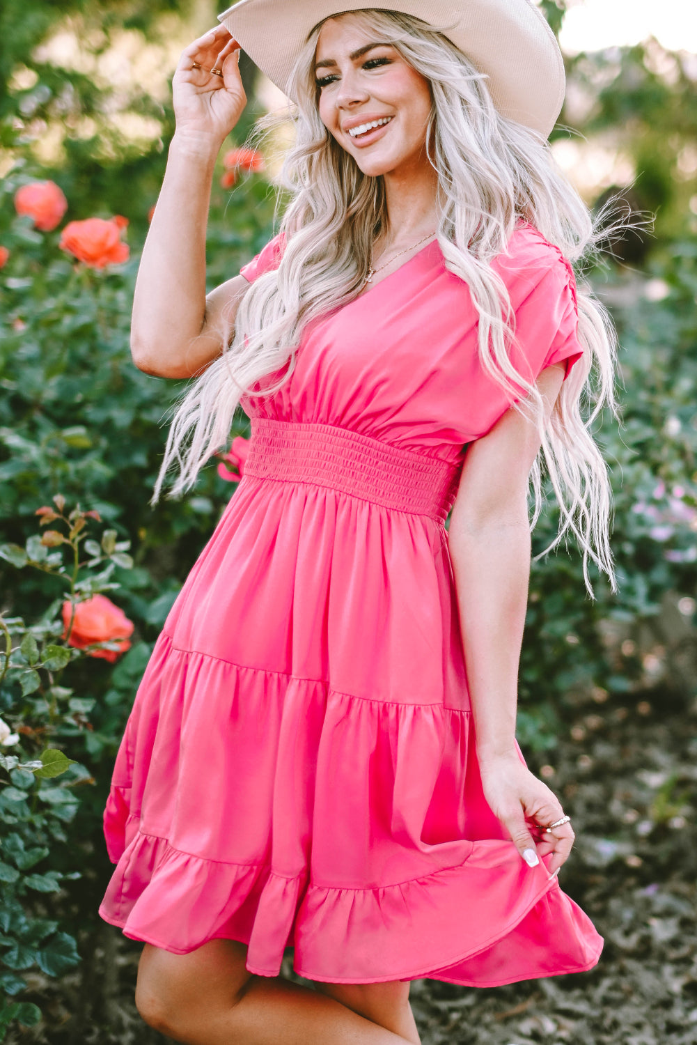 Ruched Sleeve V Neck Smock Waist Tiered Ruffled Dress | Strawberry Pink