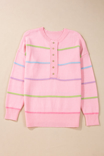 Rainbow Stripes Drop Shoulder Baggy Henley Sweater | Pink